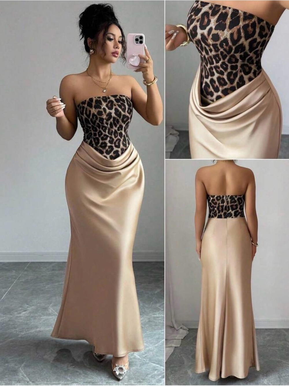 Strapless Leopard Bodice Satin Drape Maxi Dress - Beige/Leopard